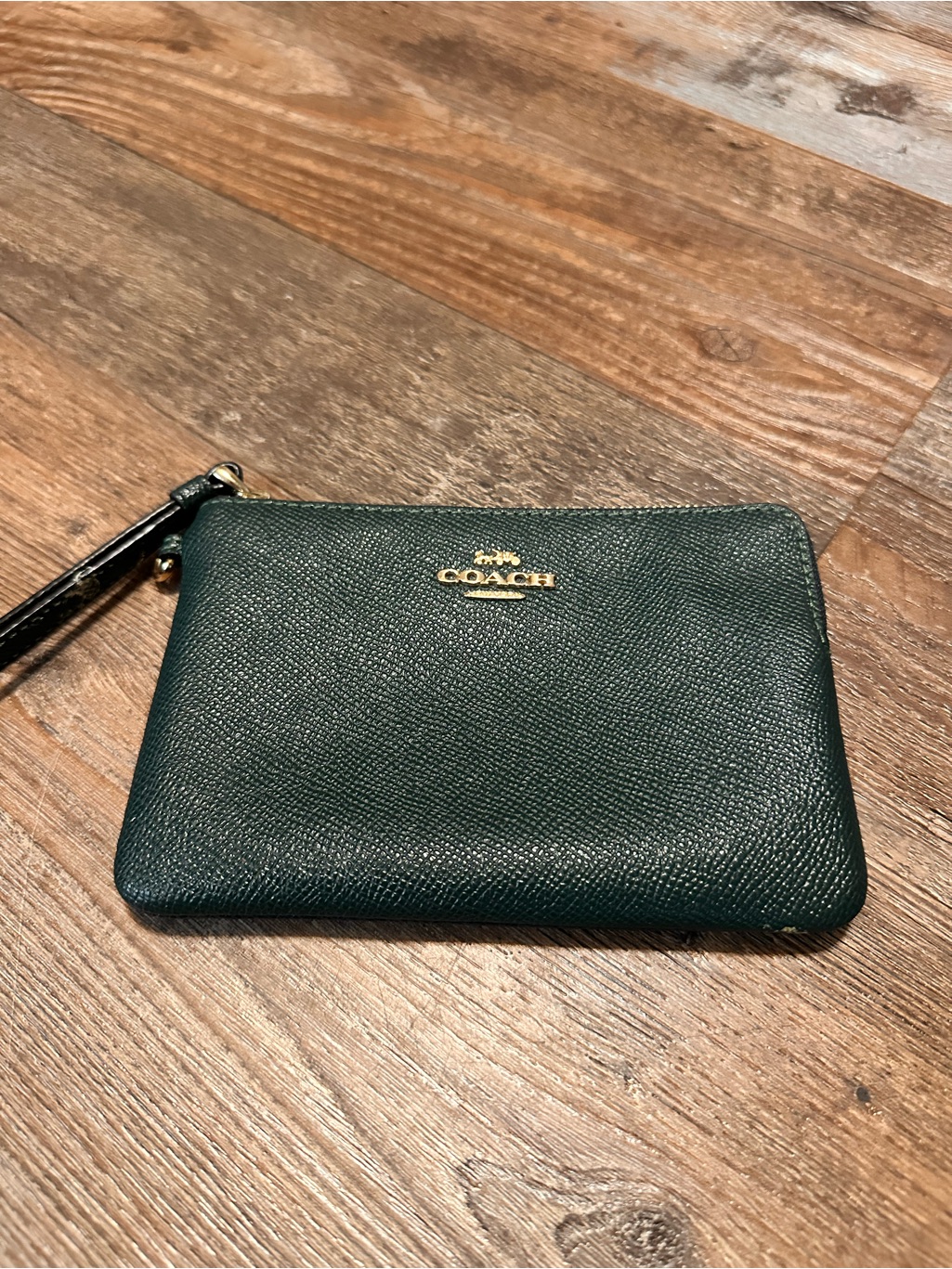 Coach Dark Green Leather Wristlet With Gold Logo